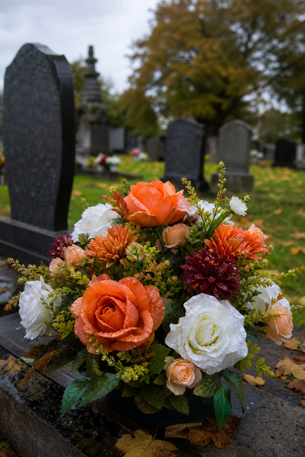 A photorealistic close-up of a grave in a UK cemetery with colourful artificial flower arrangement, raindrops on petals, natural overcast light. Alt: Weather-resistant artificial flowers on a UK grave under overcast sky