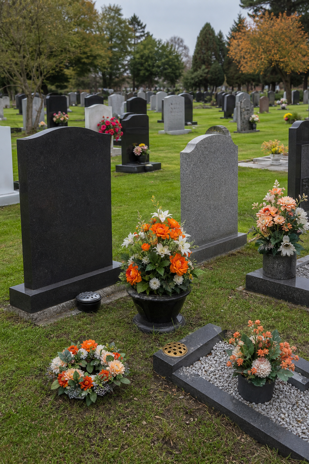 A photorealistic view of a UK cemetery with various sizes of artificial grave arrangements, including a small wreath and a medium pot, showing scale. Alt: Variety of artificial flower sizes for graves in a British cemetery
