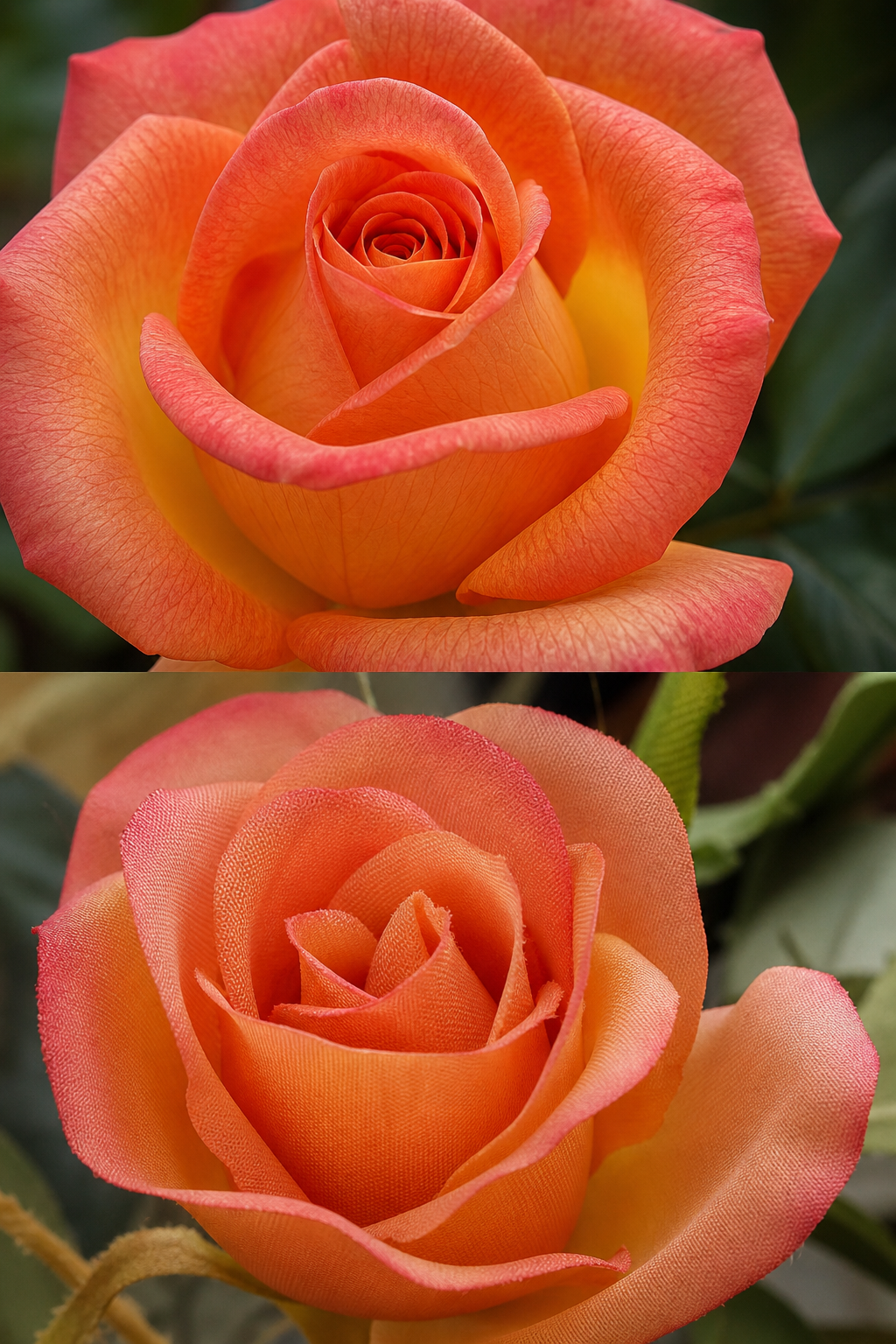 A close-up comparison of a high-quality silk rose and a real rose, showing identical vein patterns and petal texture. Alt: Comparing real and artificial silk flowers side by side for realism.
