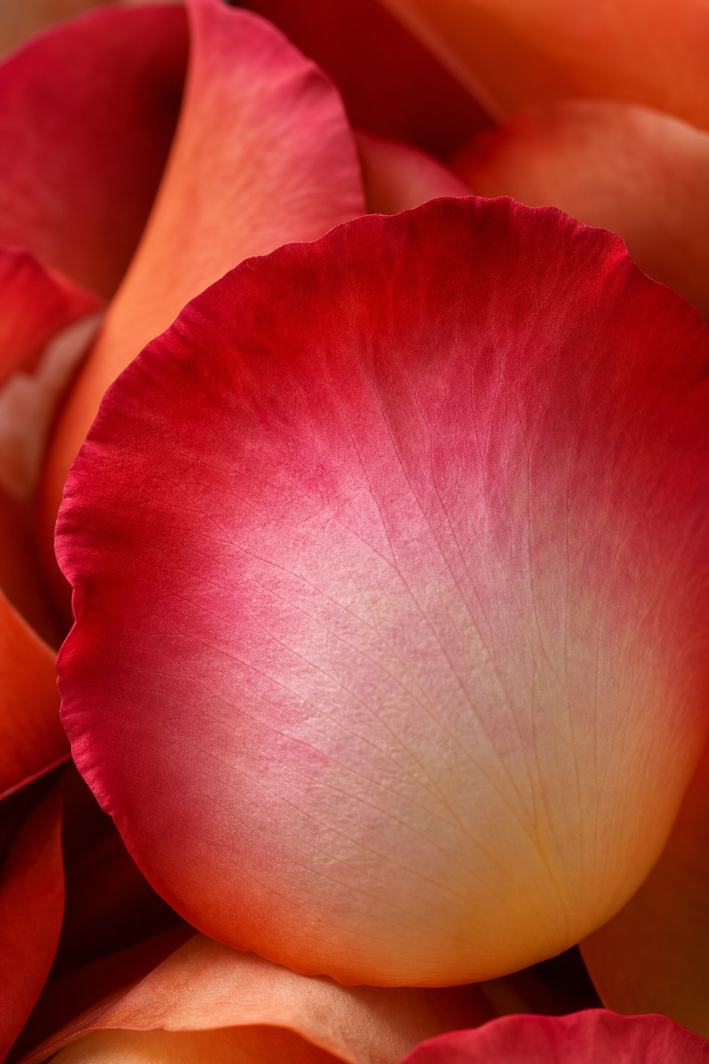 A detailed shot of an artificial rose petal showing hand-painted edges, veining, and natural colour gradation from deep red to pink. Alt: Hand-painted details on a realistic silk rose petal.