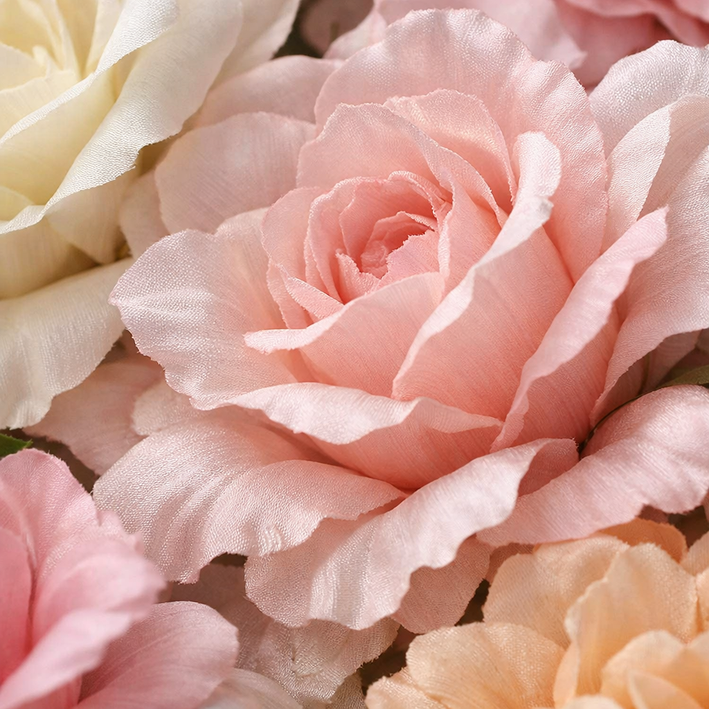 A realistic close‑up of silk flower petals, soft texture, natural lighting, alt: high‑quality silk artificial flowers