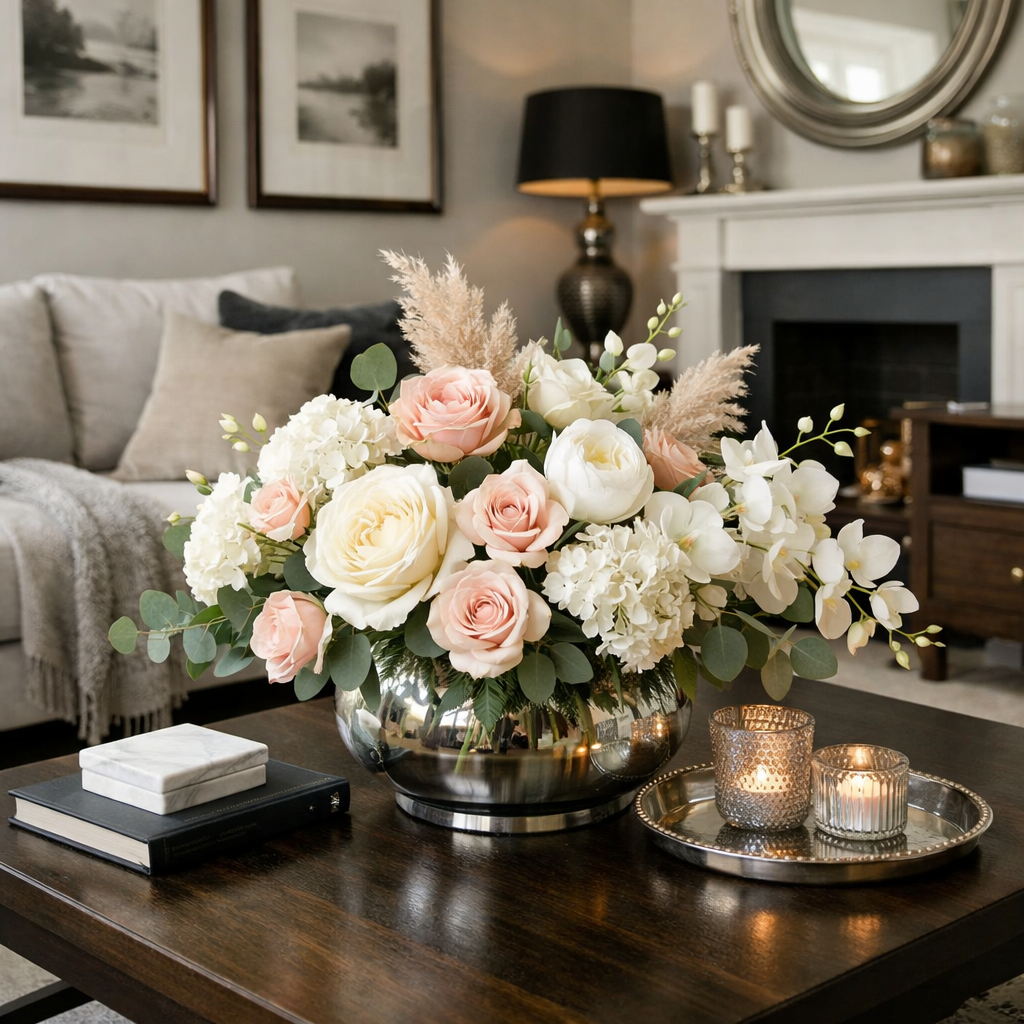 A stylish living‑room scene with silk artificial flowers on a low coffee table, alt: elegant artificial flower styling in a modern UK home