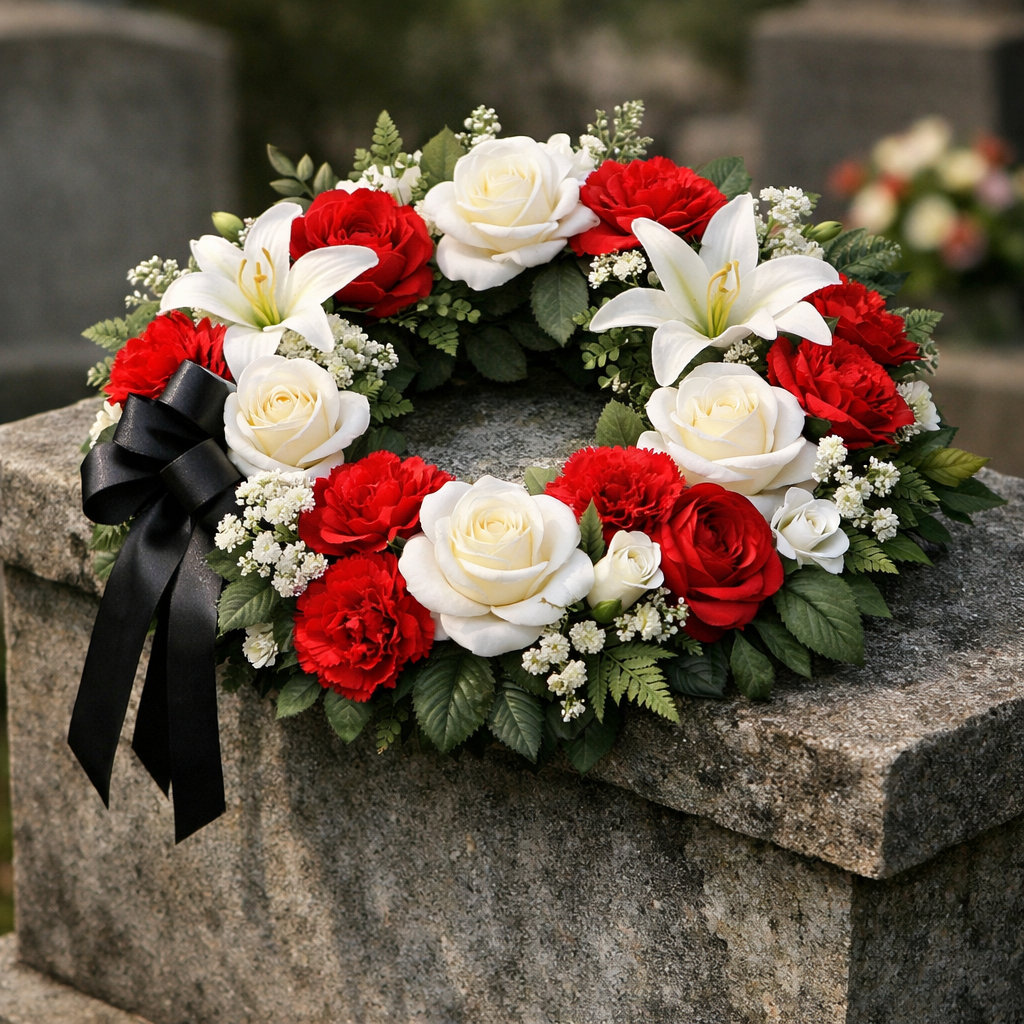 A realistic silk funeral wreath resting on a stone grave, soft lighting, close‑up detail, alt: artificial funeral flowers wreath on cemetery headstone