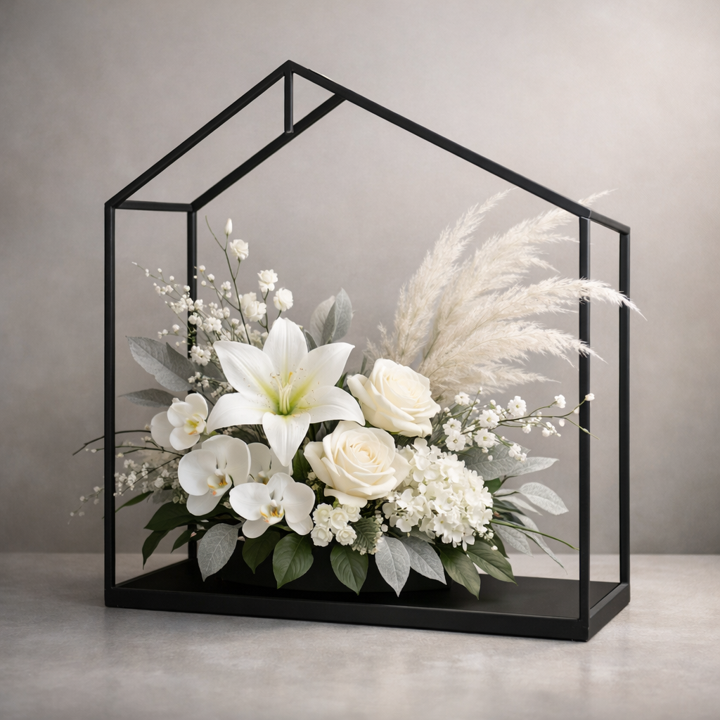 A modern geometric metal frame holding a minimalist silk spray, soft lighting, alt: custom artificial funeral flower design with metal frame