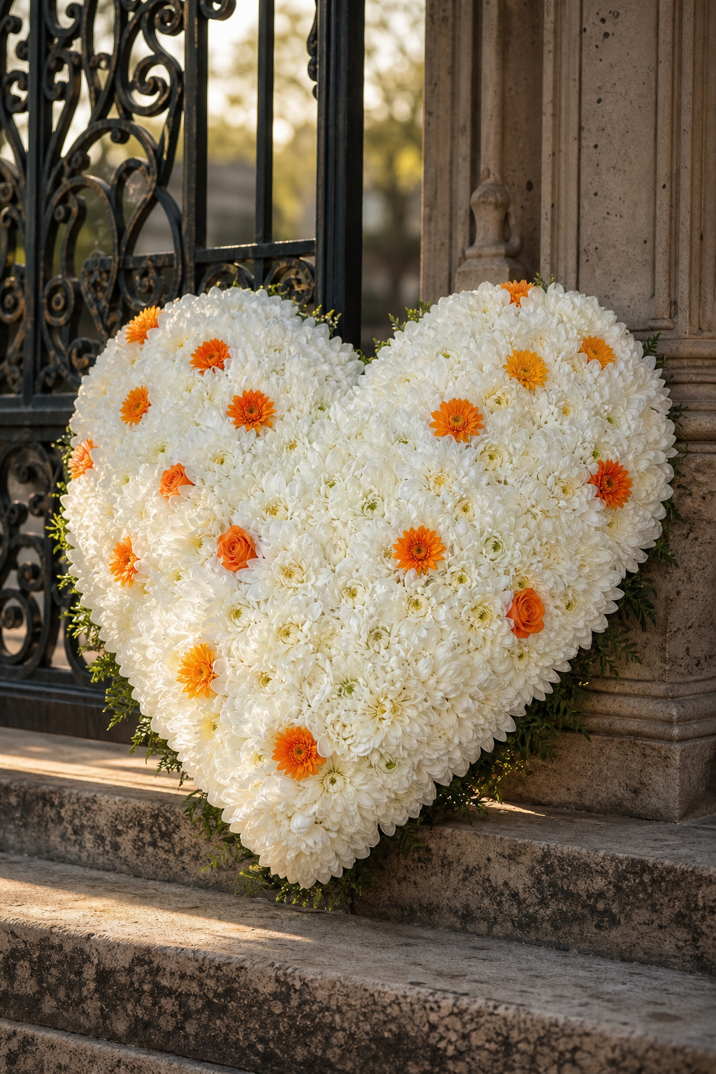 A close-up photo of a silk chrysanthemum funeral letter in the shape of a heart, set beside a gates of heaven monument, with soft sunlight highlighting the realistic petals. Alt: Silk chrysanthemum funeral heart letter with gates of heaven.