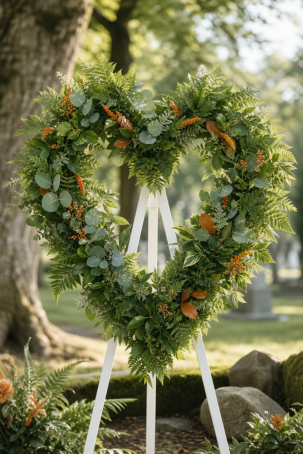 A heart-shaped greenery tribute symbolizing the gates of heaven, made from mixed leaves and ferns, placed on a white stand with a natural outdoor background. Alt: Heart-shaped mixed foliage tribute for gates of heaven, natural textured memorial.