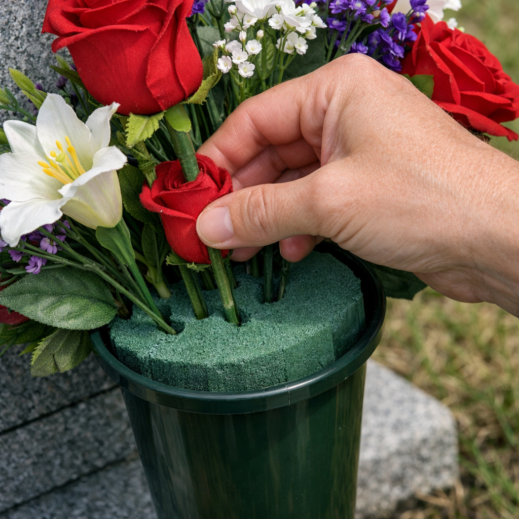 Close‑up of a hand arranging silk artificial flowers into a cemetery vase, showing foam base and secure placement. Alt: arranging artificial grave flowers