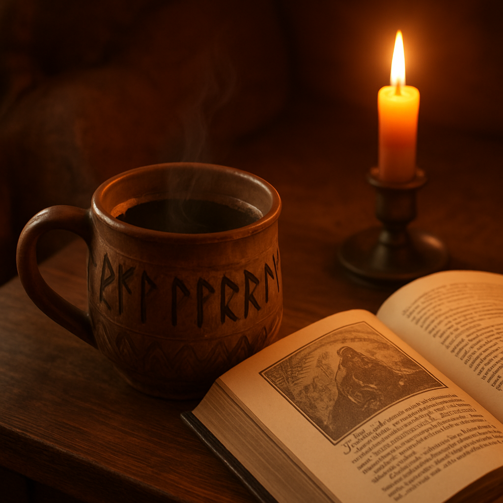 A cozy reading nook with a steaming mug of dark roast coffee, rune‑etched mug, open fantasy novel, candlelight glow. Alt: artisan coffee selection for fantasy readers, cozy reading atmosphere.