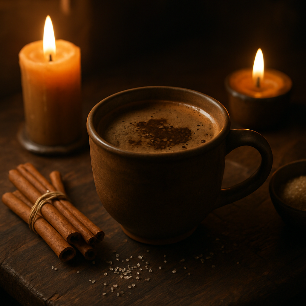 A warm, candle‑lit tabletop with a mug of spiced coffee, cinnamon sticks, and a sprinkle of sugar crystals. Alt: spiced artisan coffee brewing ritual