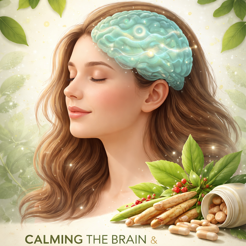 A realistic illustration of a woman's brain calming down with gentle wave patterns, showing reduced cortisol levels. Alt: woman’s brain anxiety relief with ashwagandha illustration