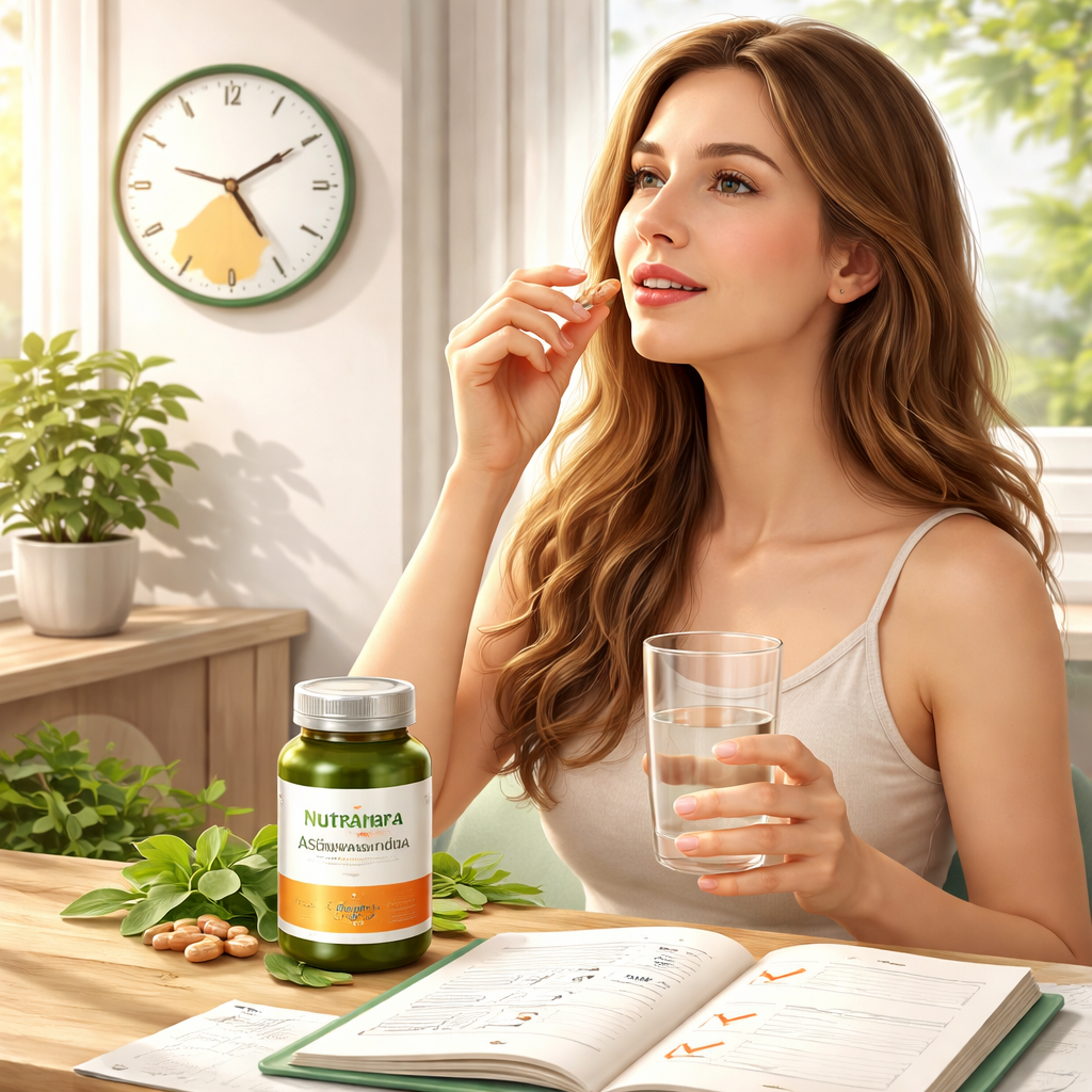 Realistic illustration of a woman taking a capsule with a glass of water while a clock shows morning, and a diary with check marks. Alt: timing and consistency for ashwagandha dosage