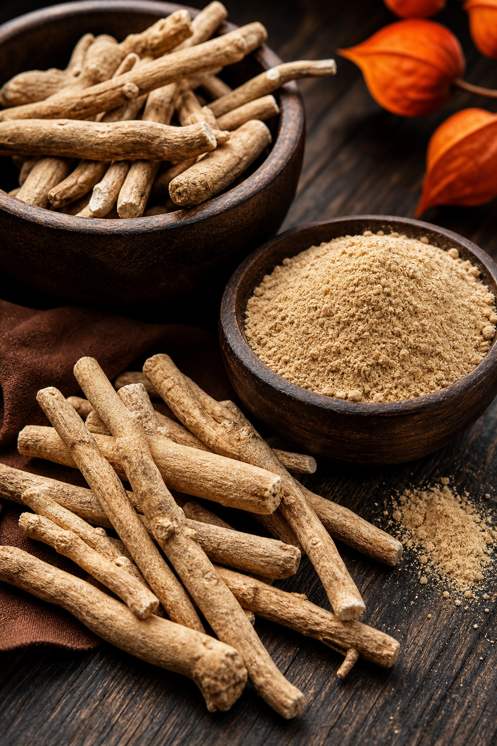 A photorealistic close-up of dried ashwagandha root pieces and powder on a dark wooden surface, with soft natural lighting highlighting the texture and earthy tones of the herb. Alt: ashwagandha root and powder for men's health benefits.