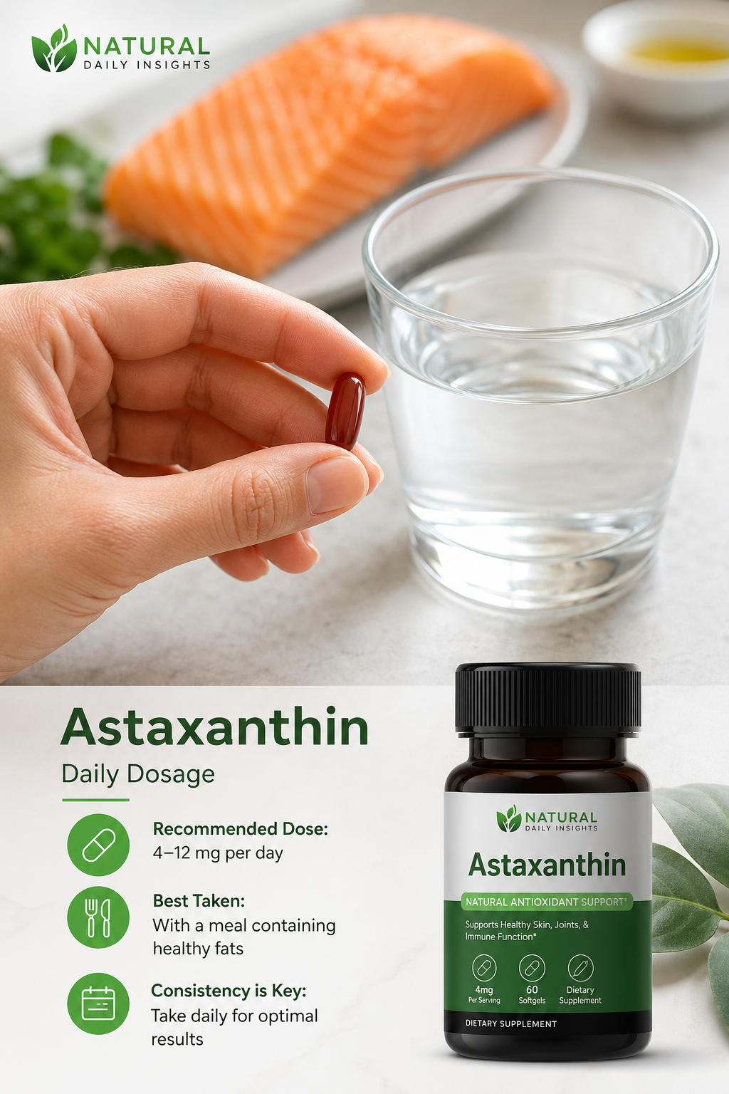 A photorealistic close-up of a hand holding a supplement capsule near a glass of water, with a salmon fillet in the background, natural lighting, soft focus. Alt: Astaxanthin supplement dosage alongside salmon for natural intake.