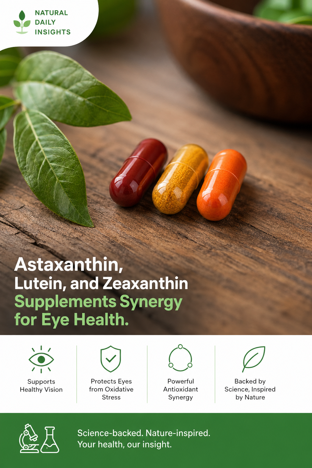 A photorealistic close-up of three supplement capsules in different colors (red, yellow, orange) arranged on a wooden surface next to a few fresh green leaves, representing astaxanthin, lutein, and zeaxanthin. Alt: Astaxanthin, lutein, and zeaxanthin supplements synergy for eye health.