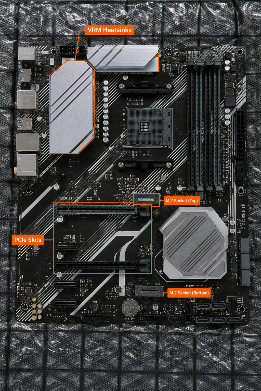 A photorealistic top-down view of the ASUS PRIME X570-P motherboard on an anti-static mat, with labels highlighting VRM heatsinks, PCIe slots, and M.2 sockets. Alt: ASUS PRIME X570-P motherboard top view with VRM and PCIe slots