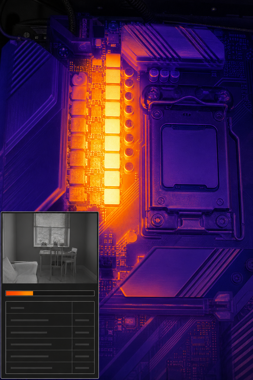 A photorealistic thermal image of the motherboard VRM area under high load showing moderate temperatures, with an overlaid frame indicating Cinebench scores. Alt: Thermal image of PRIME X570-P VRM area during Cinebench R23 multi-core test