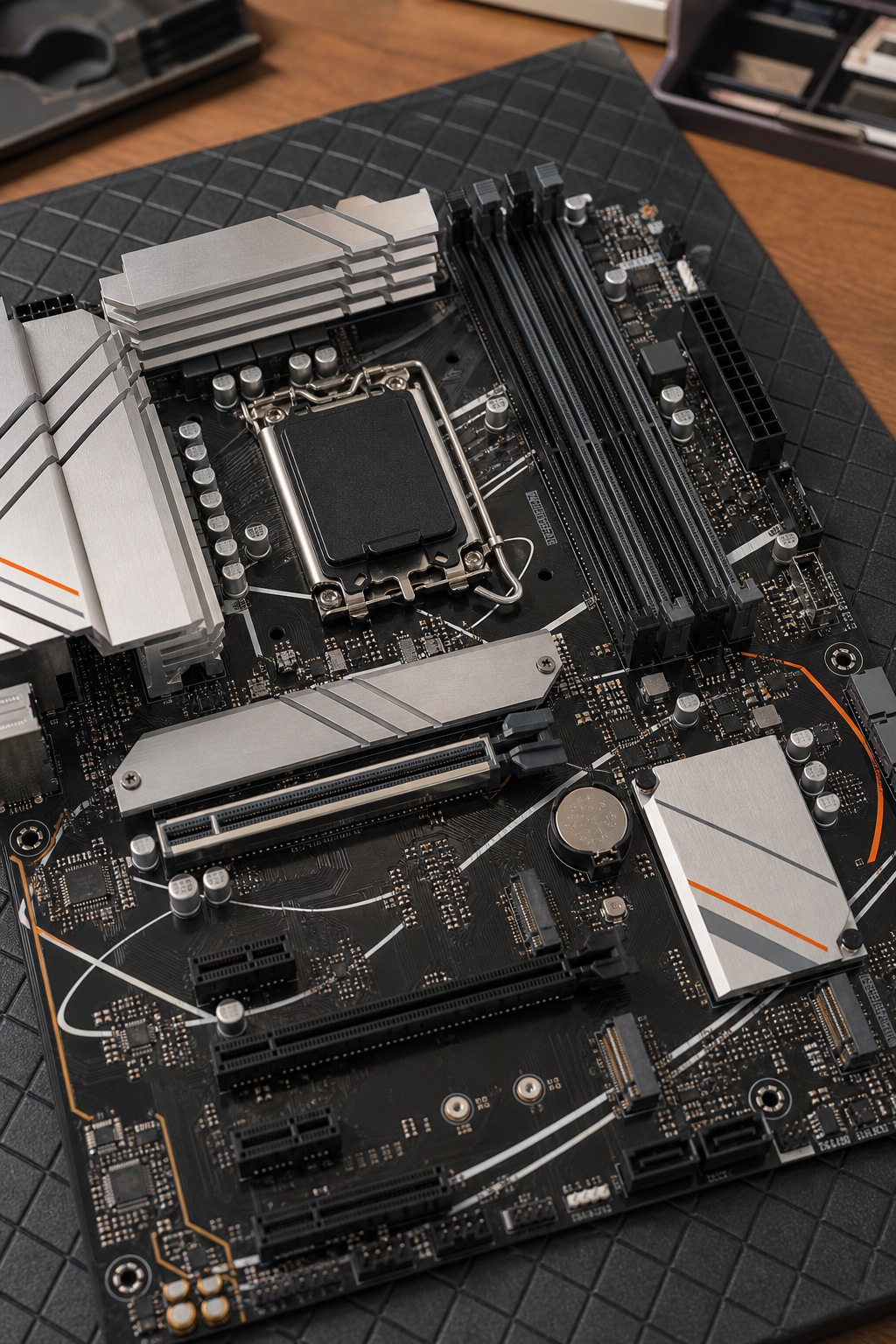 A photorealistic close-up of an LGA1700 CPU socket on a motherboard, with the CPU lever lifted and a CPU partially inserted, on an anti-static mat. Alt: ASUS PRIME Z790-P LGA1700 CPU installation step.