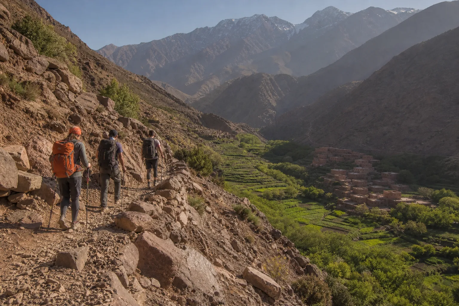 Atlas Mountains trekking Morocco route through a High Atlas valley.