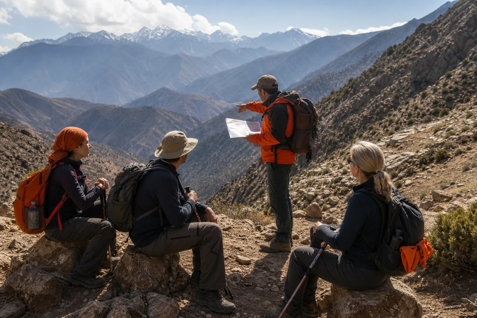 Safe guided hiking group on an Atlas Mountains trek in Morocco.
