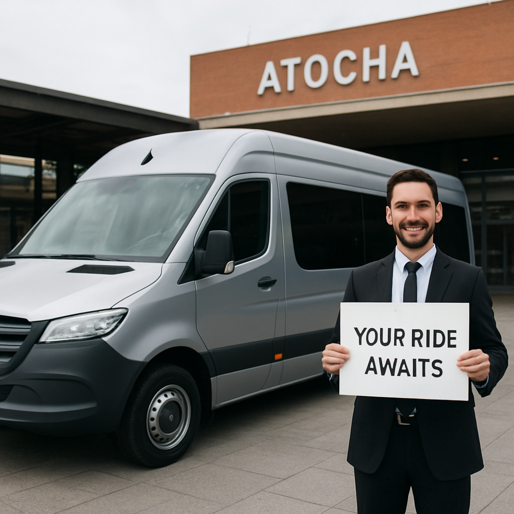 A sleek, modern minibus parked outside Atocha station with a smiling driver holding a sign that says 