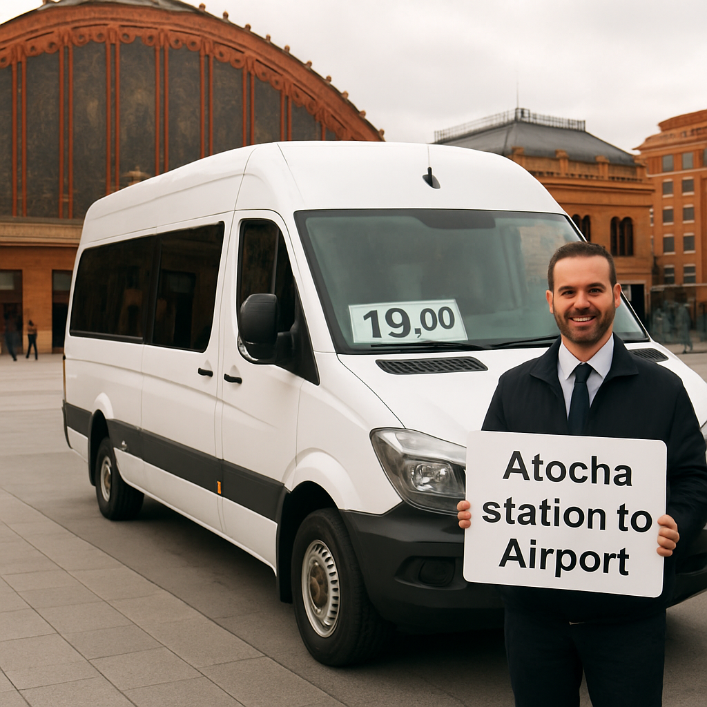 A modern minibus parked in front of Atocha station with a friendly driver holding a name‑board, showing a price tag on the windshield. Alt: Atocha station to airport minibus transfer Madrid pricing illustration.