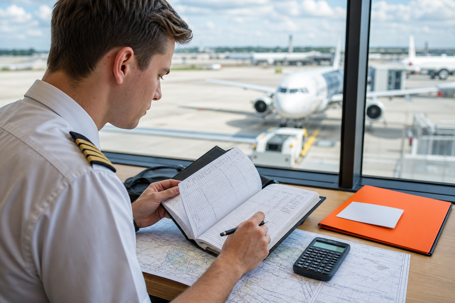 aspiring airline pilot reviewing ATP certificate flight hour requirements and logbook records.