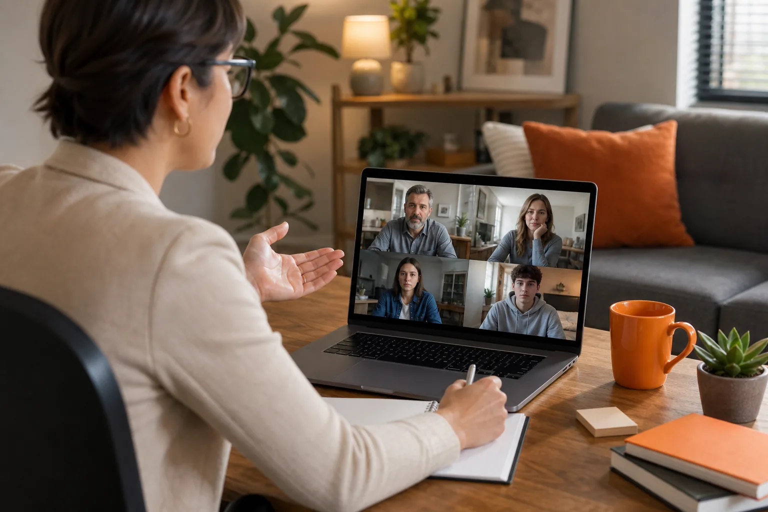 Secure virtual family therapy session with therapist and parents