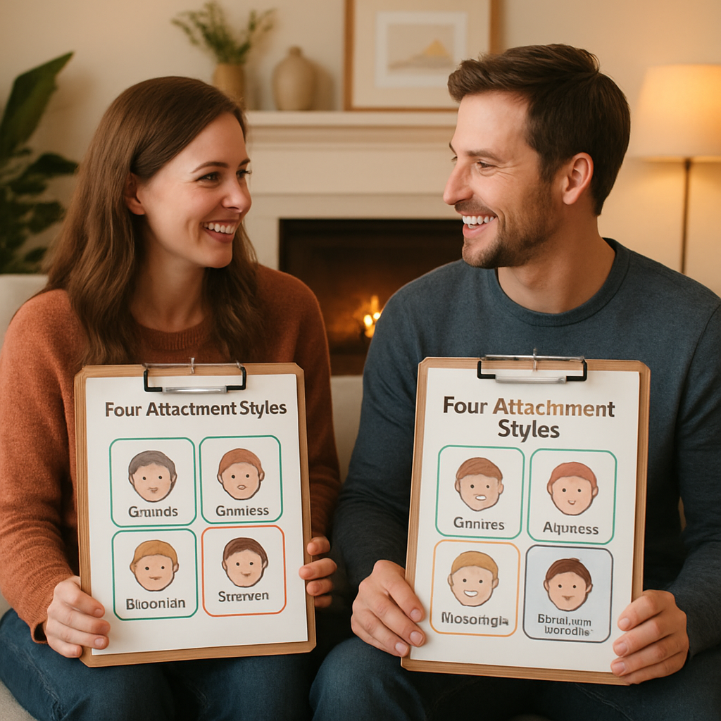A cozy living room scene where a couple sits on a couch, each holding a clipboard with the four attachment style icons. Alt: Four attachment styles diagram for couples