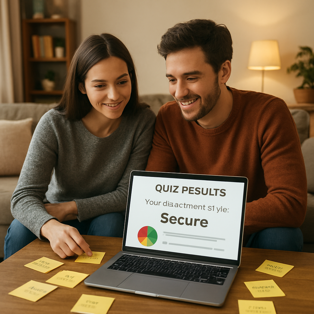 A cozy living room with a couple sitting at a table, laptop open showing quiz results, sticky notes with action items scattered around. Alt: Couple reviewing attachment styles quiz results together