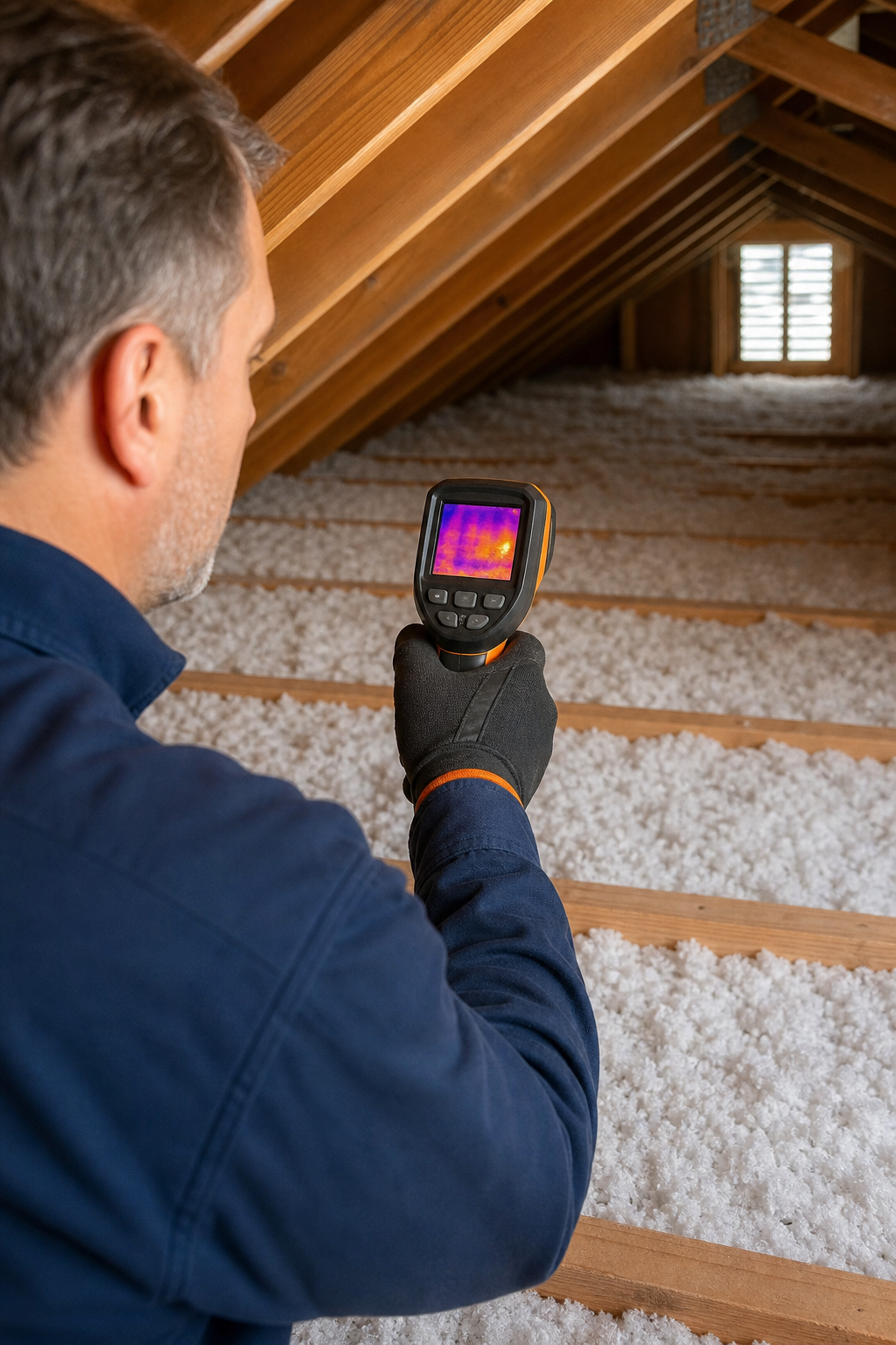 A realistic scene of a homeowner using a handheld infrared thermometer to scan the attic floor, checking for cold spots after insulation installation. Alt: inspecting attic insulation for proper coverage and gaps.