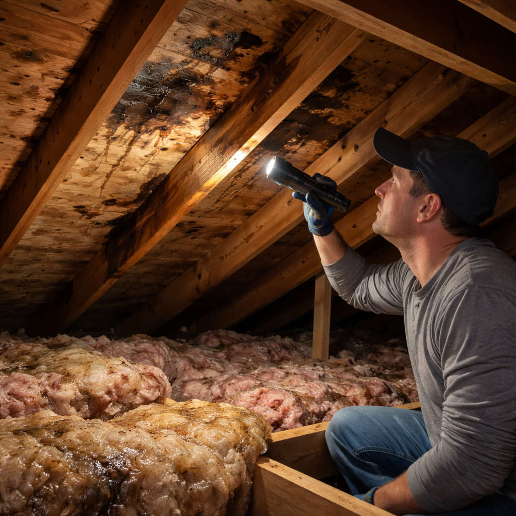 A person in an attic using a flashlight to examine dark water stains on wooden rafters and roof decking, with damaged insulation visible nearby. Alt: Attic inspection showing water damage stains and wet insulation during roof leak detection.