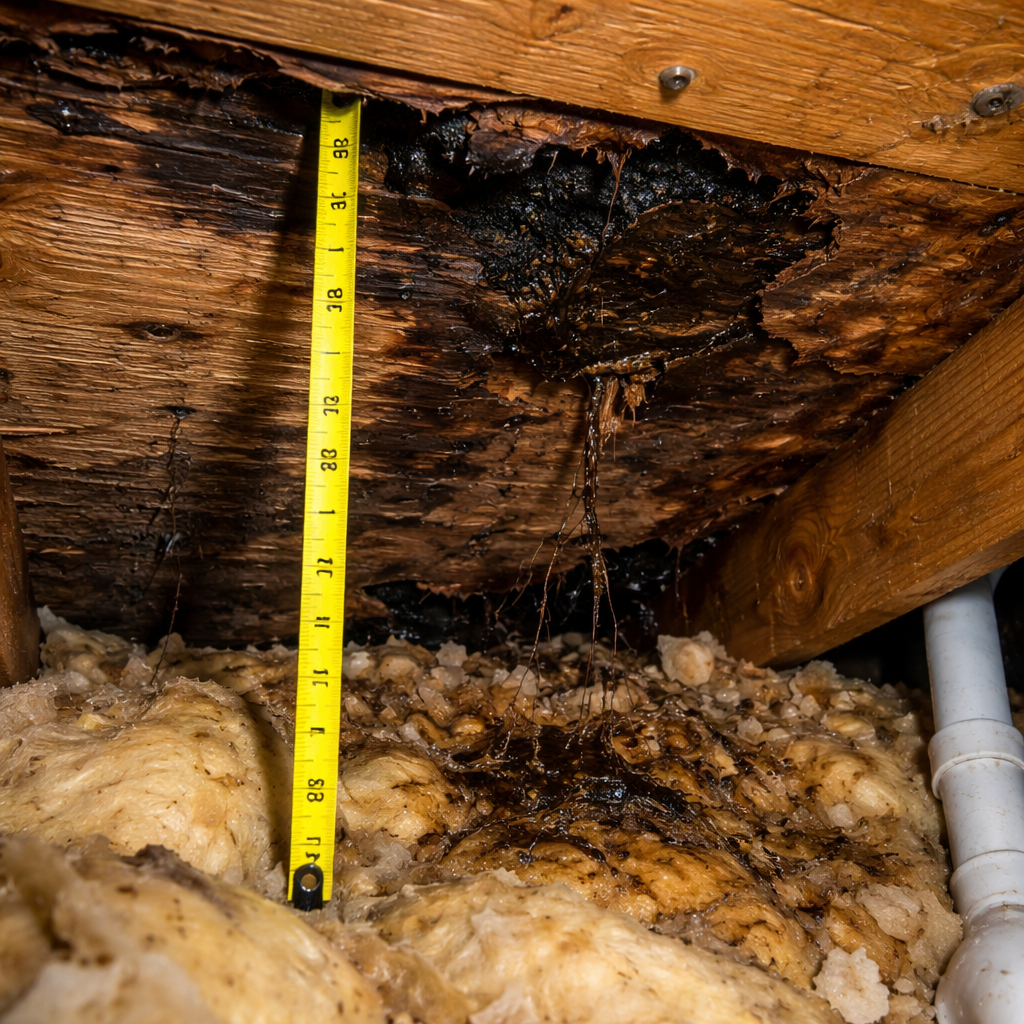 A close-up view of water-damaged roof decking showing dark stains, soft wood, and damaged insulation with a measuring tape for scale assessment. Alt: Water damage assessment showing roof decking deterioration and insulation damage from attic leak.