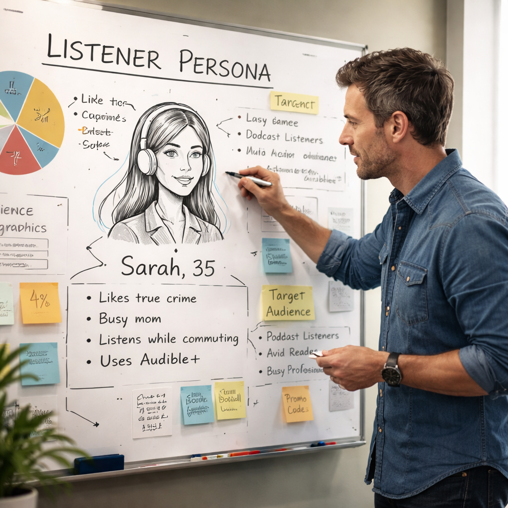 A realistic scene of a non‑fiction author sketching a listener persona on a whiteboard, with charts and notes around. Alt: non‑fiction author defining target audience for audiobook marketing