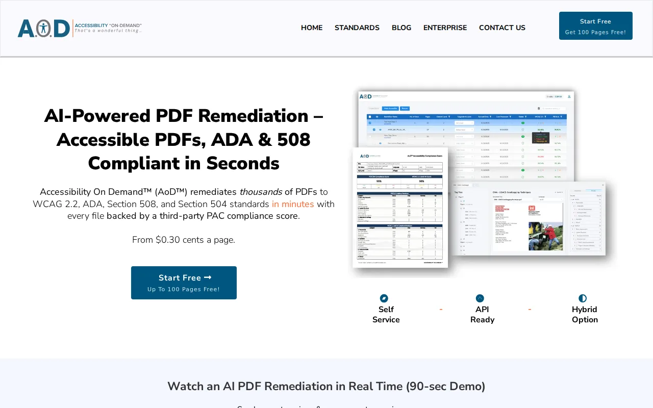 The Accessibility On Demand™ platform, showing published per-page service levels for automated PDF remediation.
