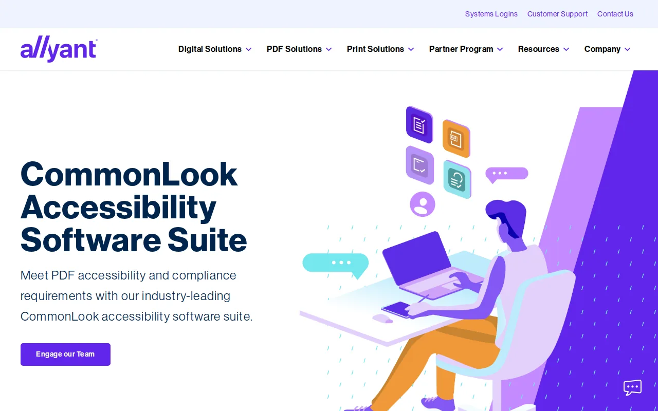 The Allyant website homepage introducing the CommonLook Accessibility Software Suite, with an illustration of a person working at a laptop and an Engage our Team button.