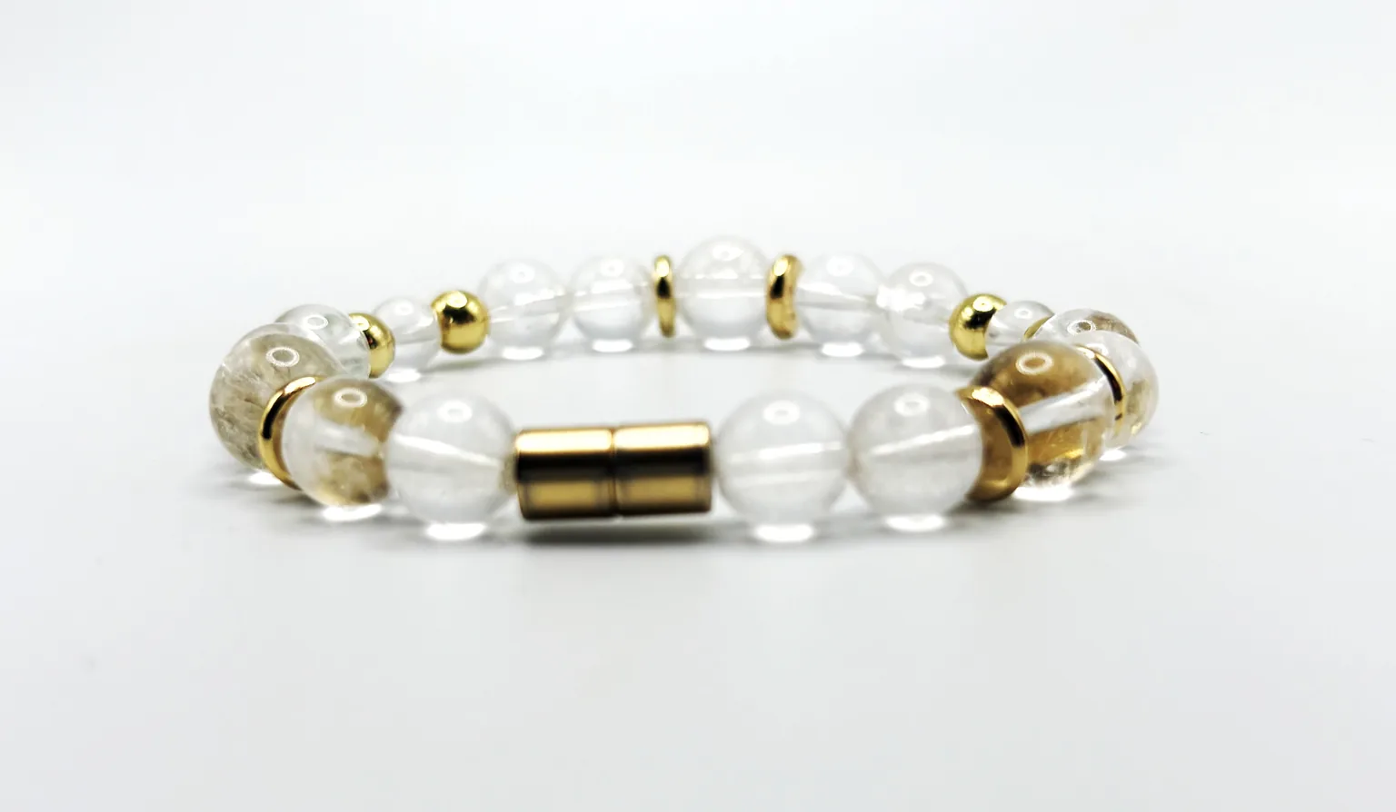 Clear Quartz Bracelet with Gold Spacers: visual reference for 2. Clear Quartz Bracelet with Gold Spacers , Magnetic Clasp Gemstone Jewelry , Clarity, Focus, & Energy Amplifier