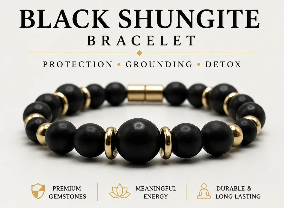Black Shungite Bracelet with Gold Spacers: visual reference for 3. Black Shungite Bracelet with Gold Spacers , Magnetic Clasp Bracelet , Grounding Energy Jewelry
