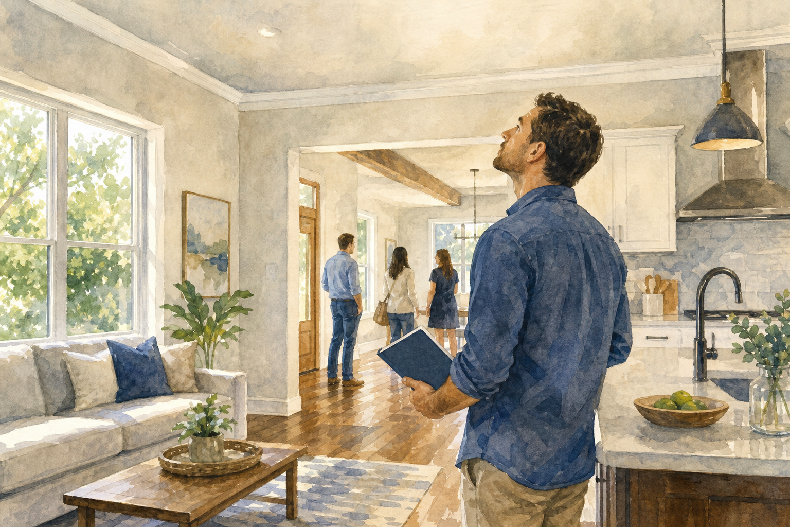 evaluating home condition at an Austin open house