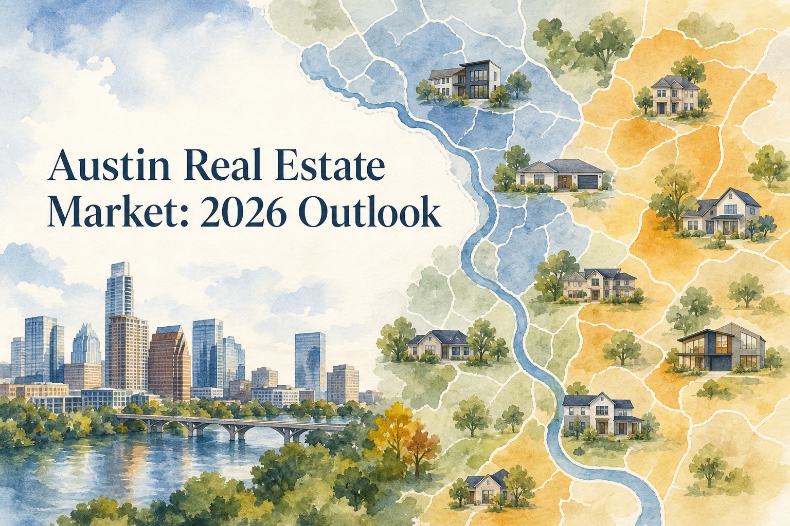 watercolor Austin real estate market map showing homes, inventory, and regional price differences.