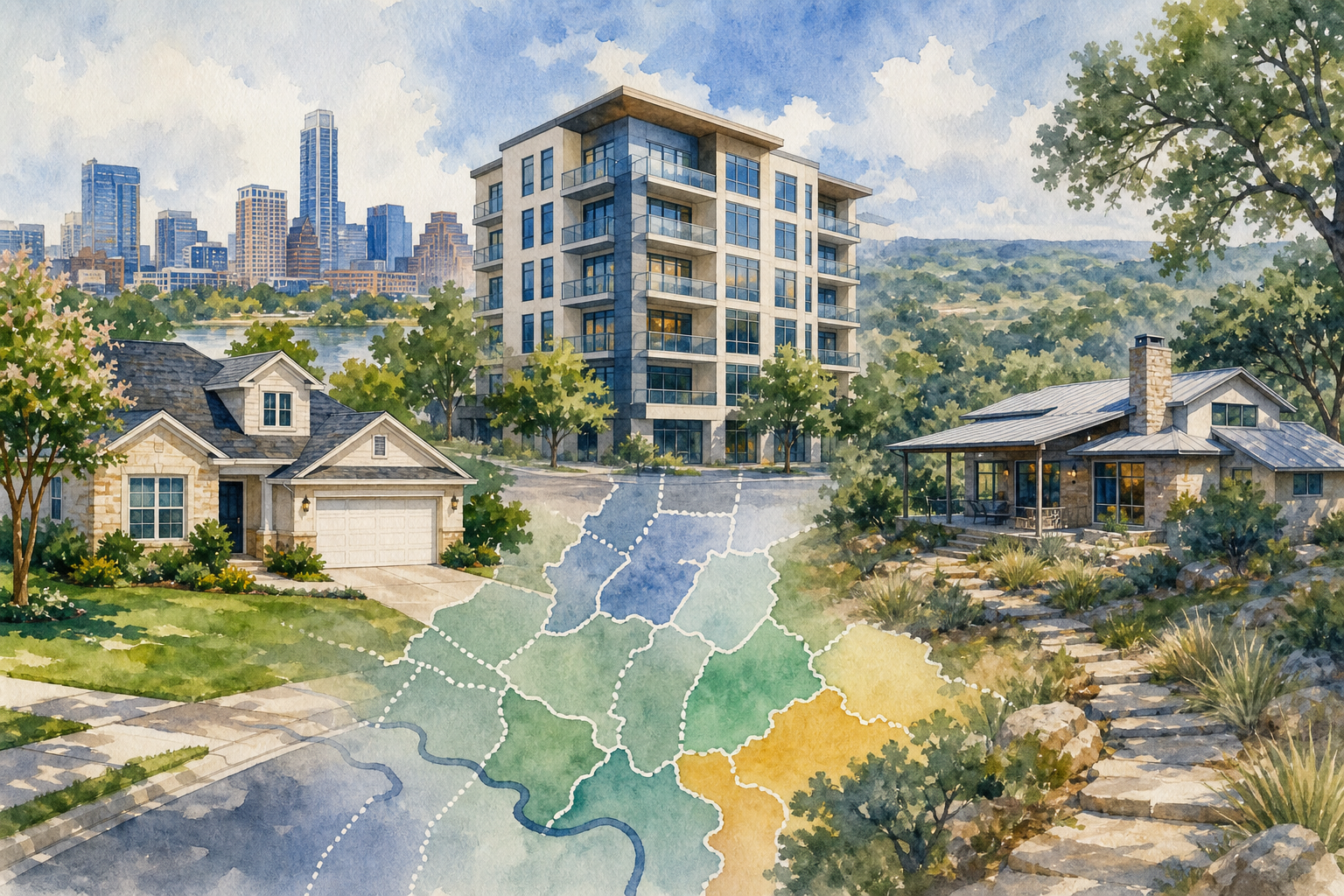 watercolor comparison of Austin homes by zip code, area, and property type.