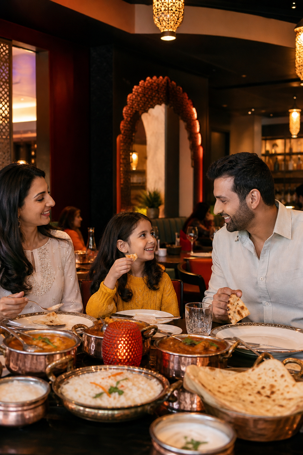 A realistic image of a family enjoying a meal at Curry Leaf restaurant, with dishes like chicken korma and naan on the table, warm lighting, and happy expressions. Alt: Curry Leaf family-friendly Indian restaurant near Paceville.