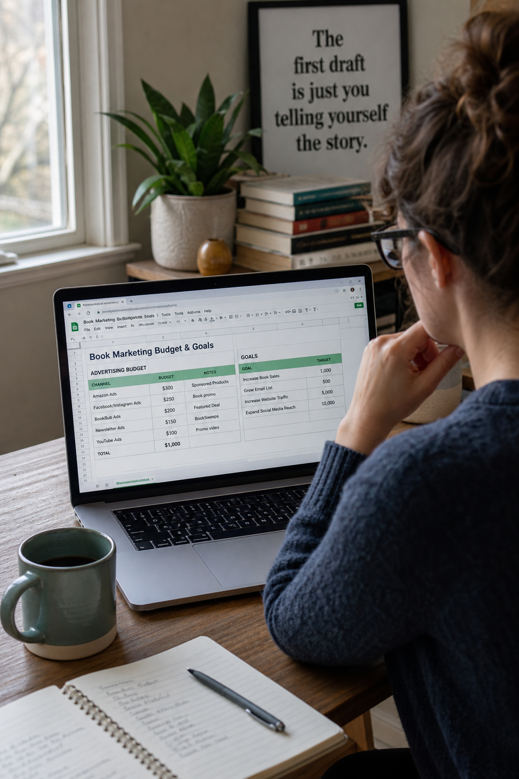 A writer sitting at a desk with a laptop open to a budget spreadsheet, a coffee cup nearby, realistic style. Alt: Author planning advertising budget and goals for book marketing.