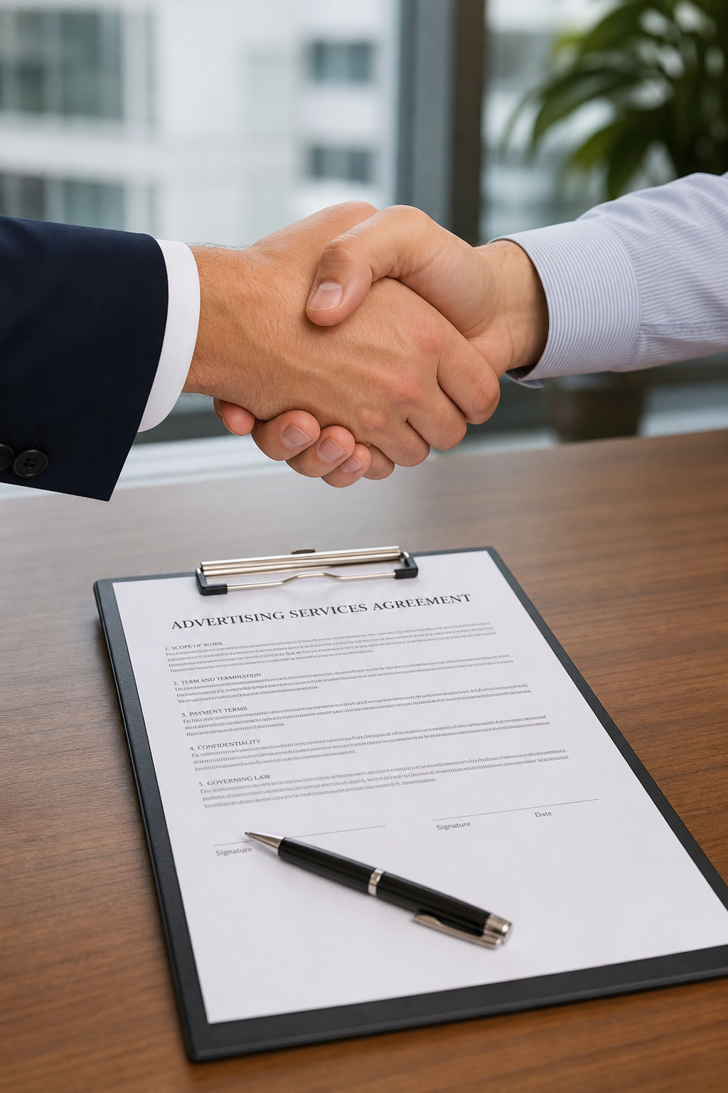 A close-up of two people shaking hands over a contract on a wooden desk, realistic style. Alt: Author and agency representative signing an advertising services agreement.