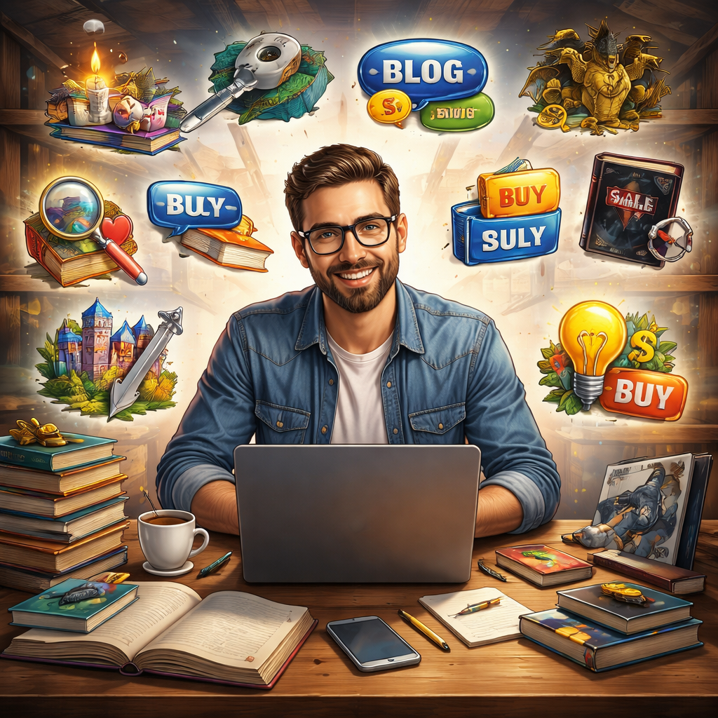 A realistic illustration of a writer at a desk surrounded by genre icons and affiliate link icons, Alt: author affiliate marketing program ideas visual guide
