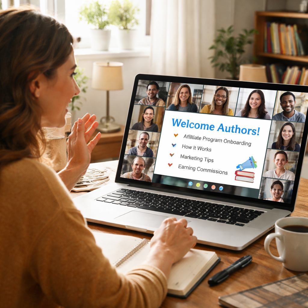 A realistic scene of a writer onboarding a group of fellow authors via video call, Alt: author affiliate marketing program ideas onboarding visual