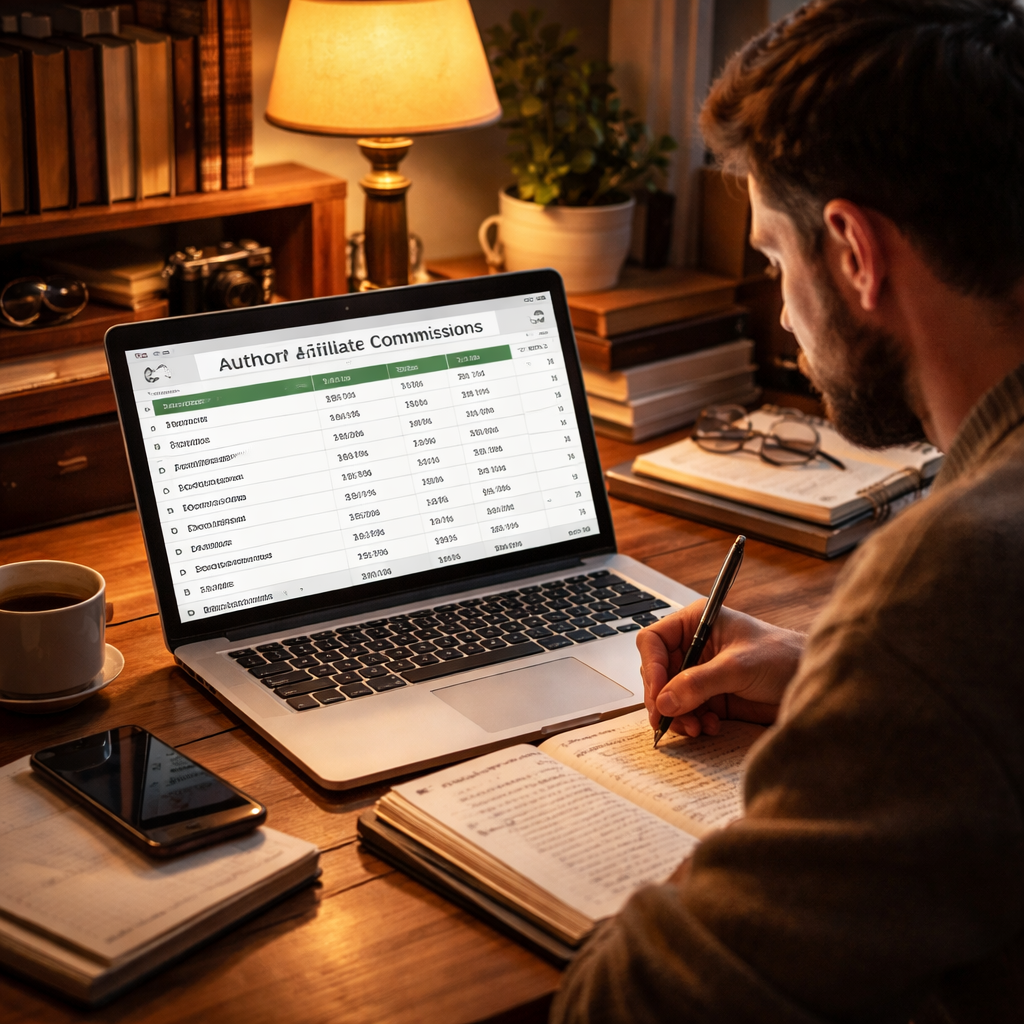 A realistic scene of a writer at a desk, laptop open to a spreadsheet showing commission percentages, warm lighting, Realism style. Alt: author affiliate commission spreadsheet
