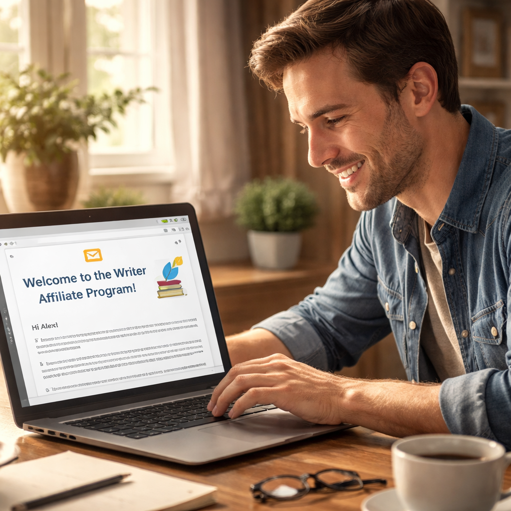 A realistic illustration of a writer receiving a welcome email on a laptop, smiling, Realism style. Alt: writer affiliate onboarding email