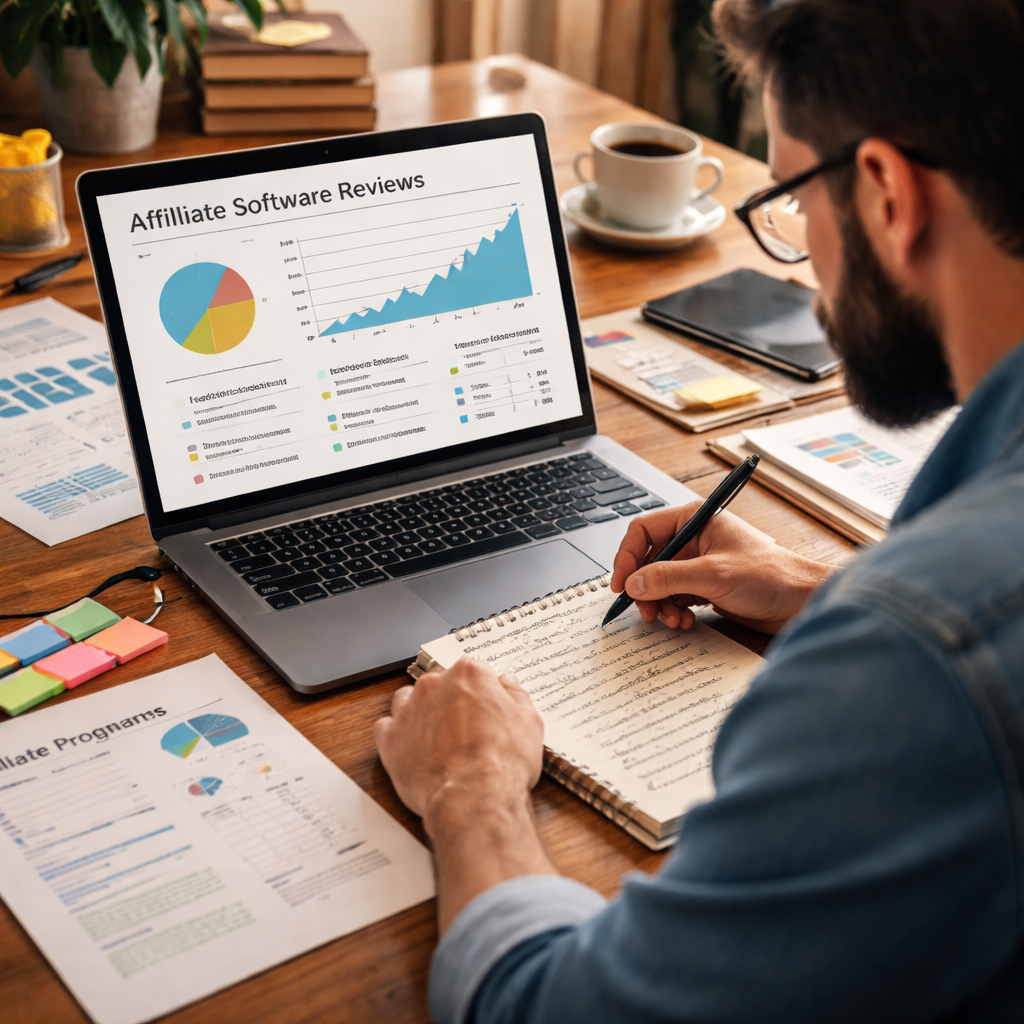 A realistic scene of an author reviewing affiliate software on a laptop, showing charts and notes. Alt: author affiliate program software reviews guide.
