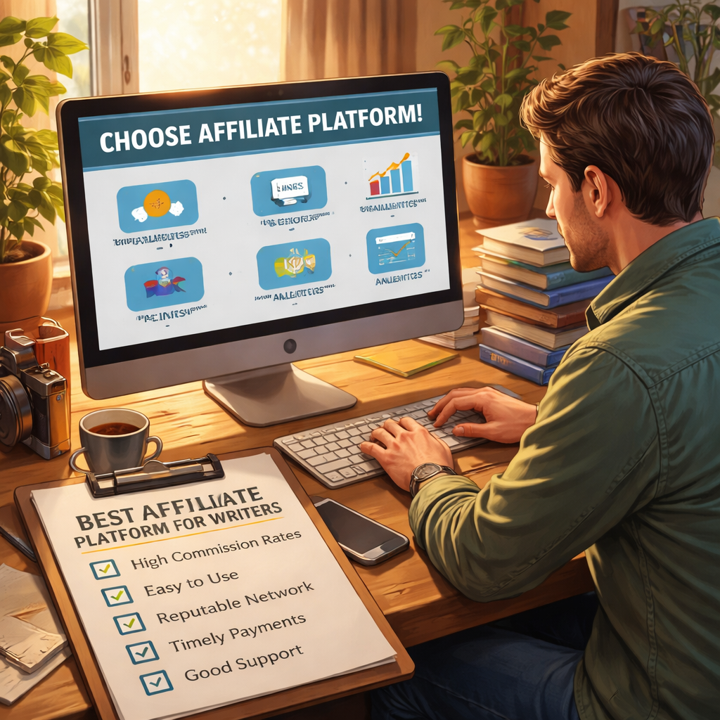 A realistic illustration of a writer setting up an affiliate platform on a desktop, with a checklist beside it. Alt: choosing best affiliate platform for writers.