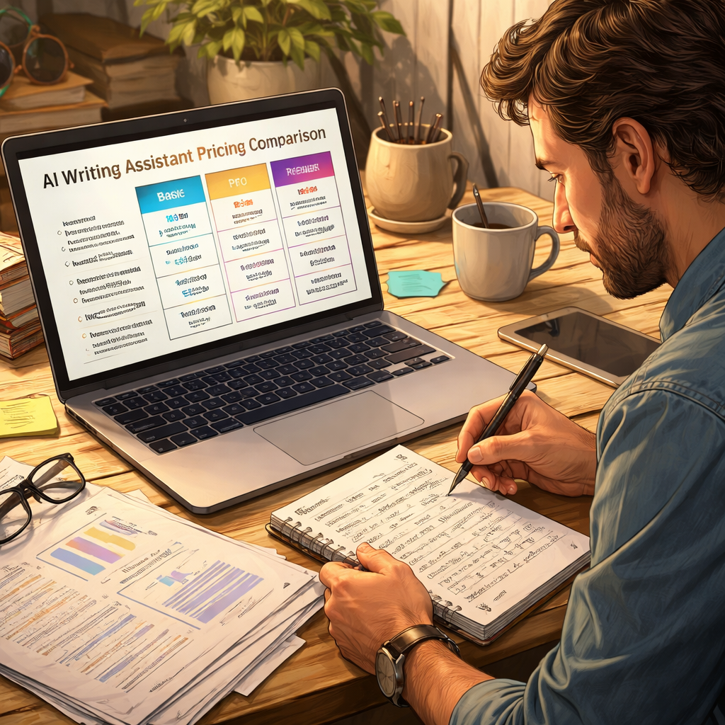 A realistic illustration of a writer comparing AI pricing plans on a laptop, with charts and notes. Alt: author AI writing assistant pricing comparison chart.